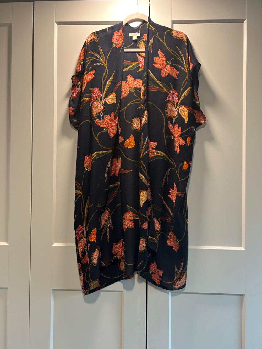 LOFT Kimono Black Top with Orange Floral Accents